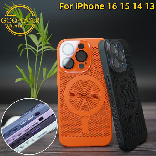 For iPhone 16 15 14 13 Pro Max Phone Case, Thin Magnetic Cooling PC Luxury Built-in Camera Protector For Magsafe Heat Dissipation Hard Full Cover