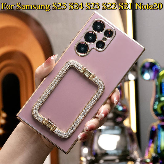 3D Crystal Square Holder Plating Phone Case For Samsung S25 S24 S23 S22 S21 Note20