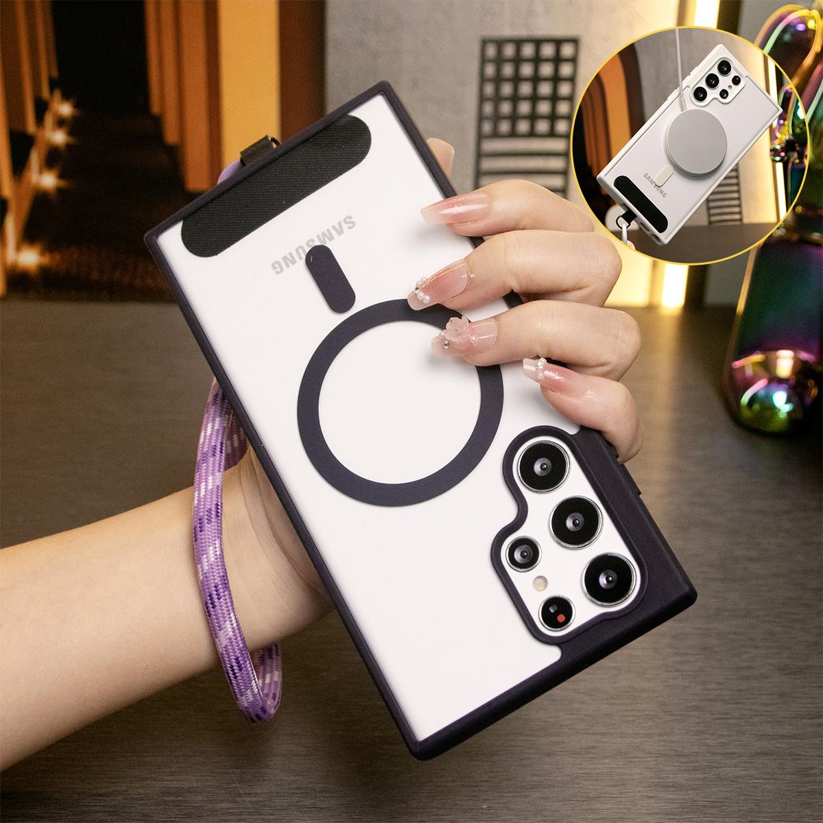 Transparent Magnetic Shockproof Hard Phone Case With Short Wristband For Samsung Galaxy S24 S23 S22 Plus Ultra Silicone Candy Color Edges Clear Acrylic Cover