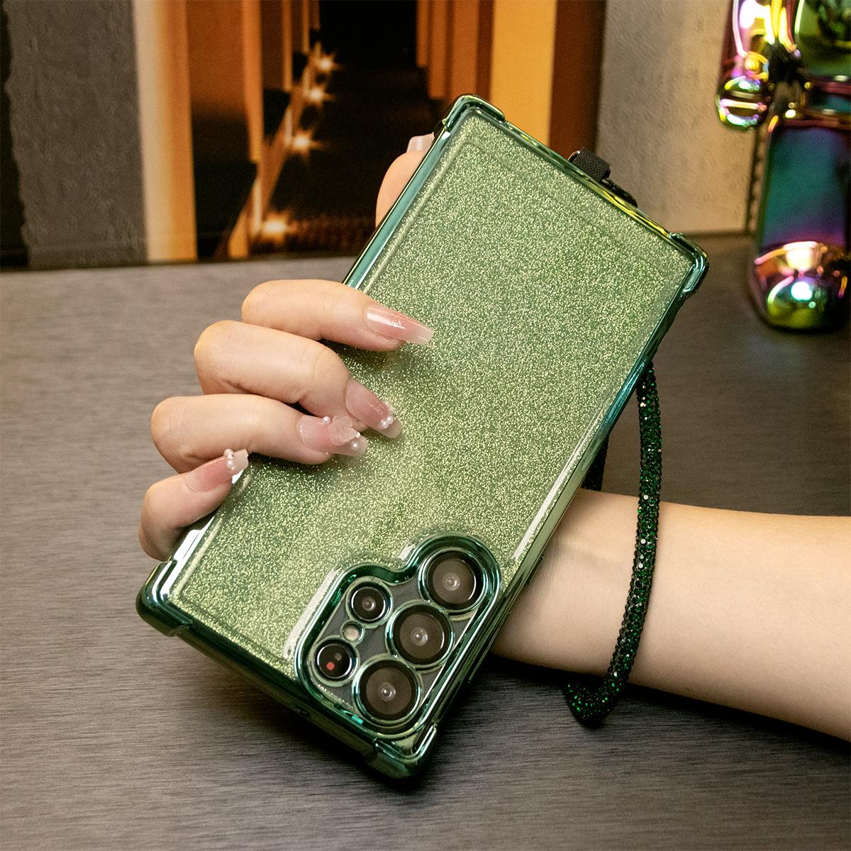Luxury Glitter Plating Shockproof Clear Case With Rhinestone Wristband for Samsung Galaxy S24 S23 S22 S21 FE Plus Ultra Transparent Hard Acrylic Hybrid Bumper Armor Cover