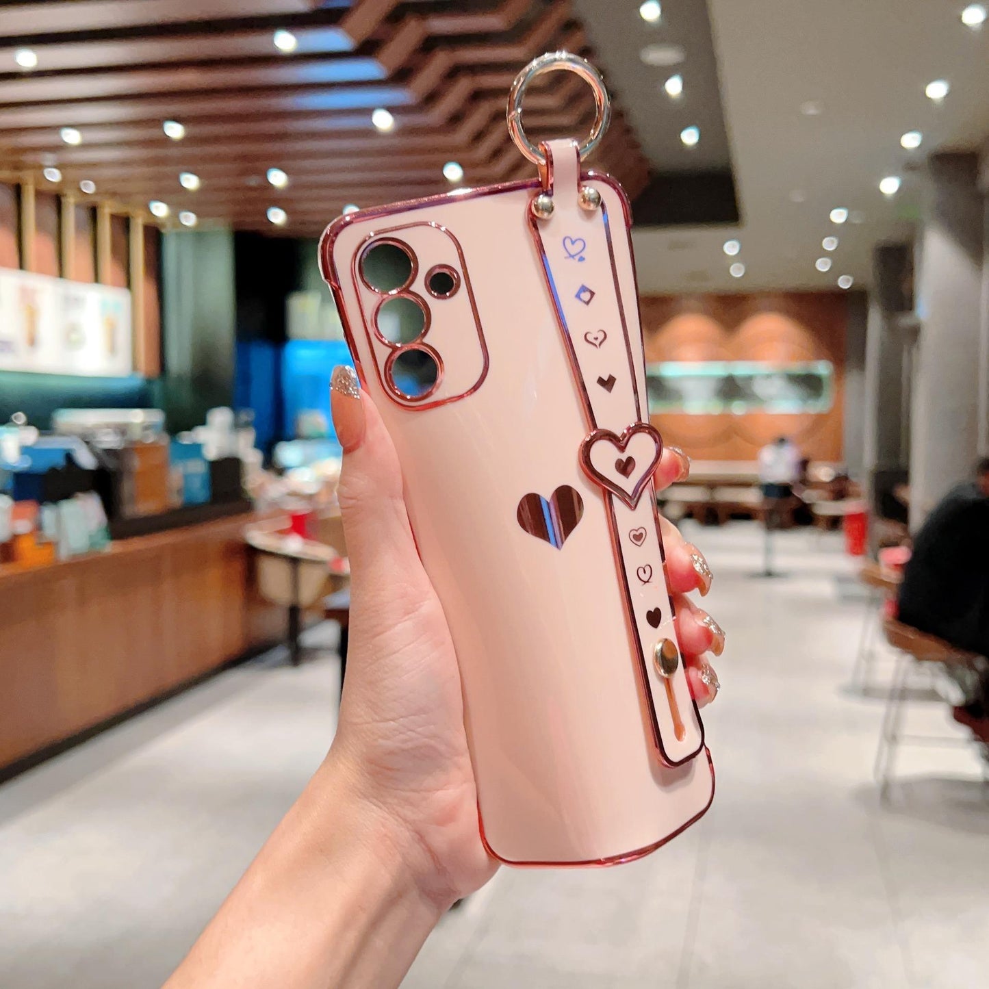 Plating Love Heart TPU Phone Case with Wristband For Samsung S25Ultra S24 S23 S22 S21 Shockproof Soft Full Cover