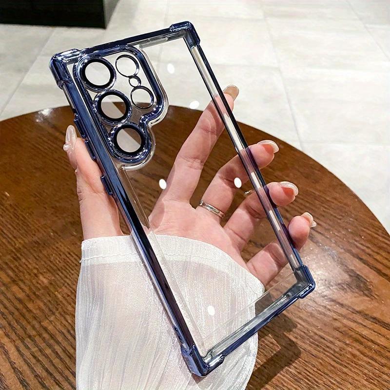 Electroplated Four Corners Anti-fall Transparent Hard PC Phone Case For Samsung S25 S24 S23 S22 S21 Note20 A54 A55, Full Cover with Camera Protector