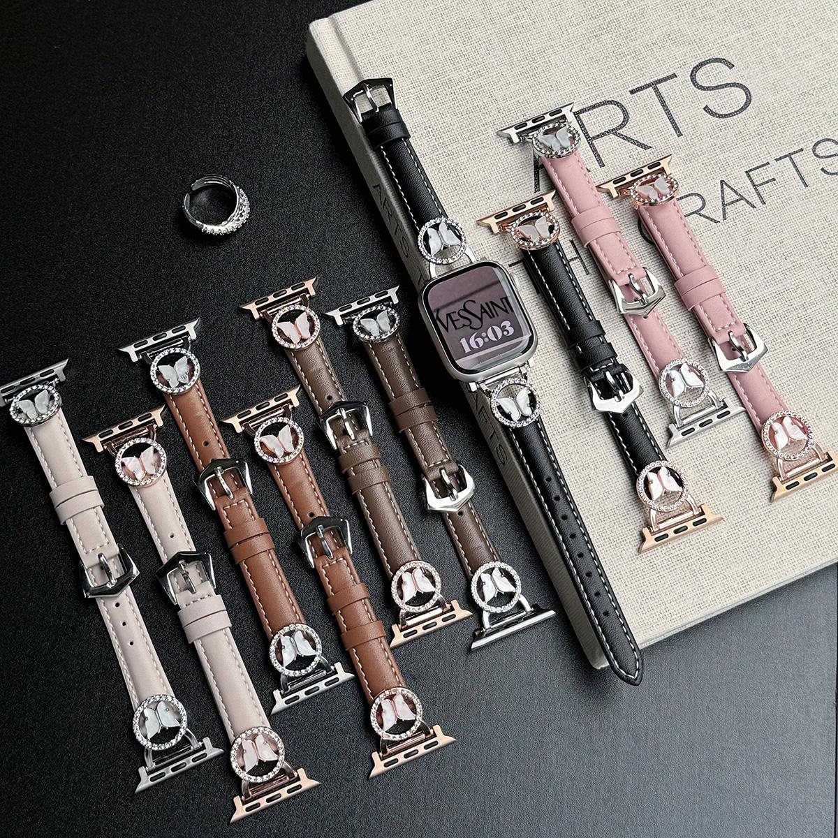 Bling Butterfly Stitching Leather Metal Strap for Apple Watch 44mm Band 45 42 38 41 Ultra 49mm Link Bracelet for IWatch Series 9 8 7 6 SE 5 4