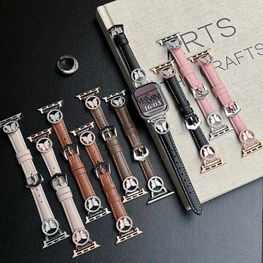 Bling Butterfly Stitching Leather Metal Strap for Apple Watch 44mm Band 45 42 38 41 Ultra 49mm Link Bracelet for IWatch Series 9 8 7 6 SE 5 4