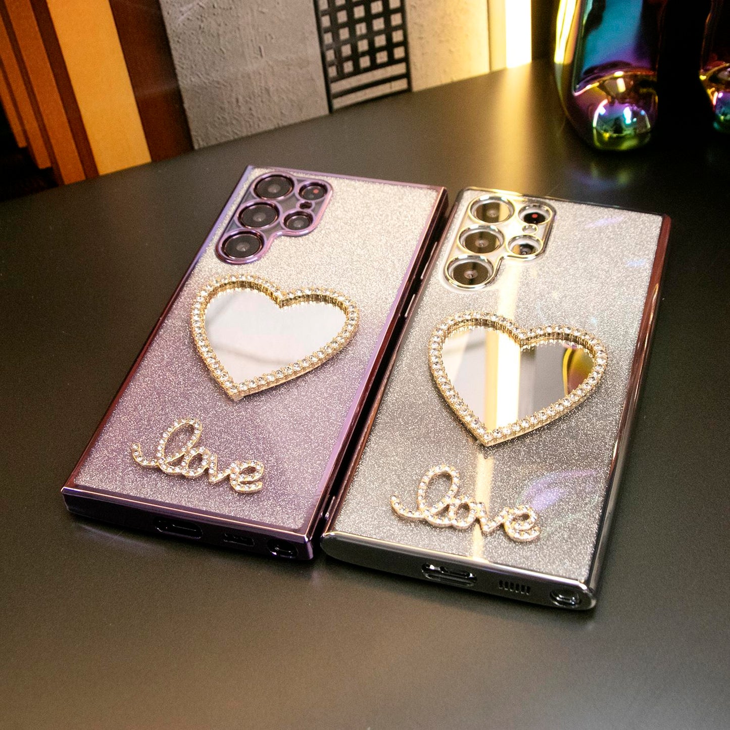 Luxury Diamond Love Heart Mirror Glitter Clear Gradient TPU Plating Shockproof Soft Phone Case For Samsung S24Ultra S24FE S24 S23 S22 S21 FE Plus Ultra