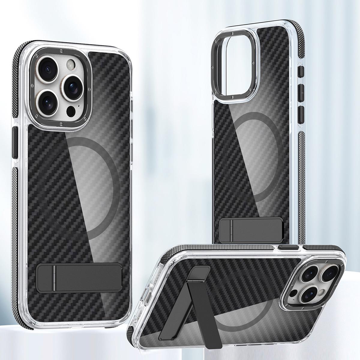 For iPhone 16 15 14 Pro Max Phone Case, Premium Strong Magnetic Carbon Fiber Metal Bracket Acrylic Clear Shockproof Anti-Fall Bumper for Magsafe Non-Yellowing Hard Full