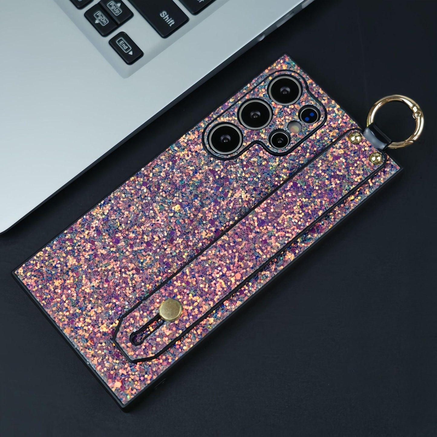 For Samsung S25Ultra S25 S24 S23 S22 S21 Case With Wristband, Glitter Durable Faux Kickstand Shockproof Hard Full Cover Phone Case