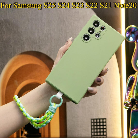 Silicone Matte Phone Case with Braided Rope Bracelet For Samsung S25 S24 S23 S22 S21 Note20 Camera Protect Soft Cover