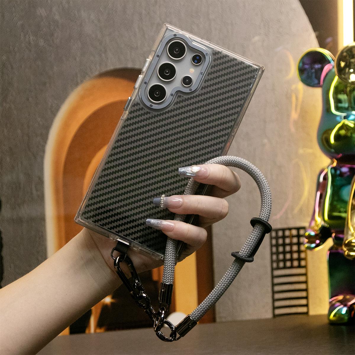 Carbon Fiber Pattern Phone Case, Metal Camera Cover, With Multifunctional Climbing Rope, With Shockproof Anti-Fall Bumper For Samsung S24 S23 S21FE A14 A15 A24 A25 A35 A54 A55 A05
