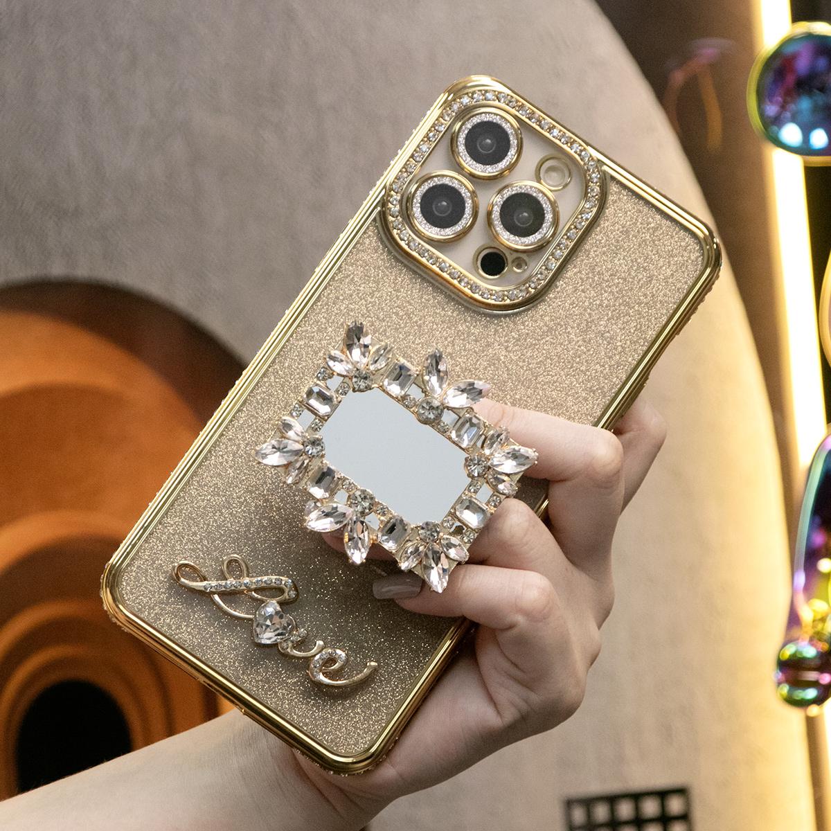 Plating Glitter Diamond Rhinestone Mirror Kickstand Love Phone Case For iPhone 16 15 14 13 12 11 Pro Max
