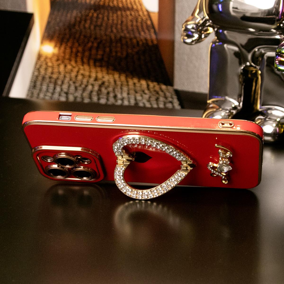 For iPhone 16ProMax 16 15 14 13 12 11 Pro Max, Luxury Rhinestone Love Heart Kickstand Holder Plating Soft Camera Protector Phone Case