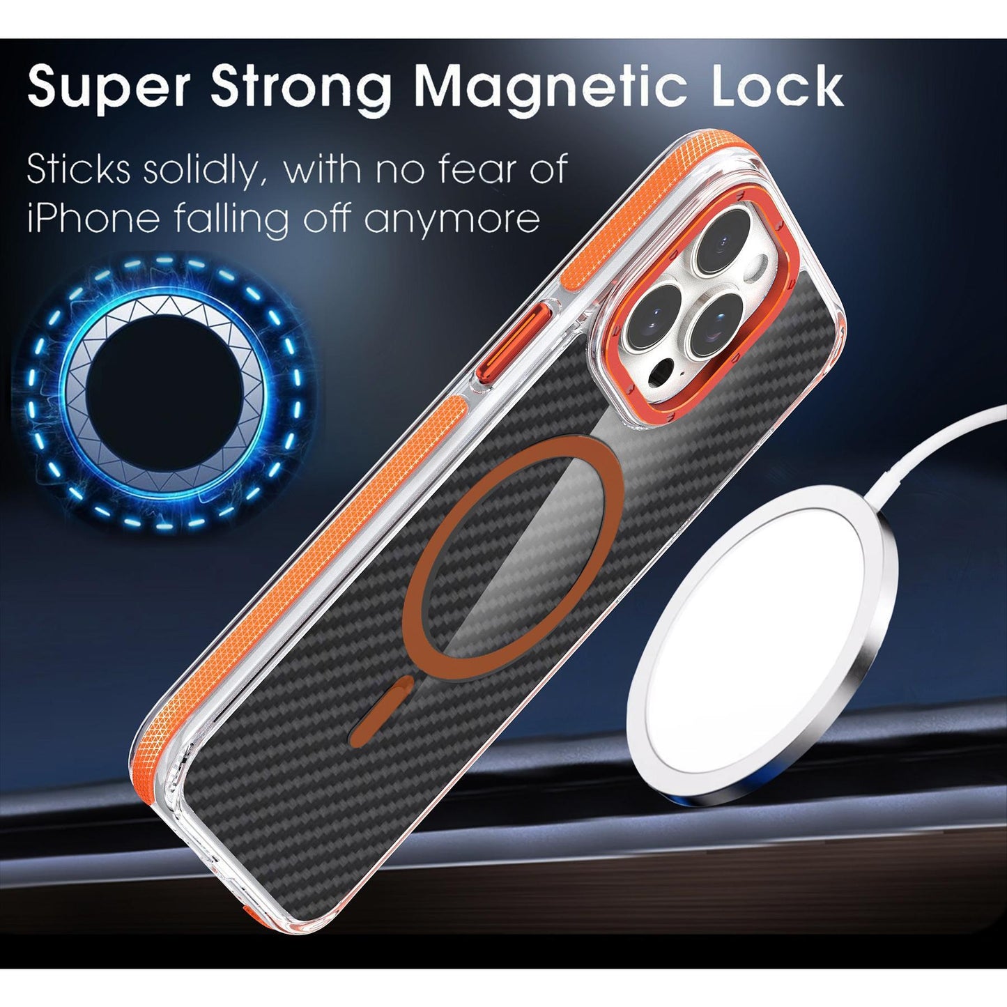For iPhone 16 15 14 13 12 Phone Case, Magnetic Carbon Fiber Pattern Phone Case, Metal Hardware Camera Protective Acrylic Cover, Clear No Yellow, With Shockproof Anti-Fall Bumper Magnetic