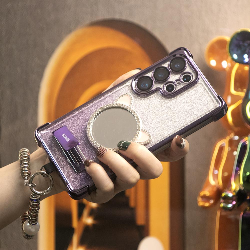Gradient Plating Four Corners Cat Mirror Thin Kickstand Case with Pearl Diamond Wristband for Samsung S25Ultra S25 S24 S23 S22 S21 Note20 A53 A54 A55 Hard Acrylic Bumper Full Cover