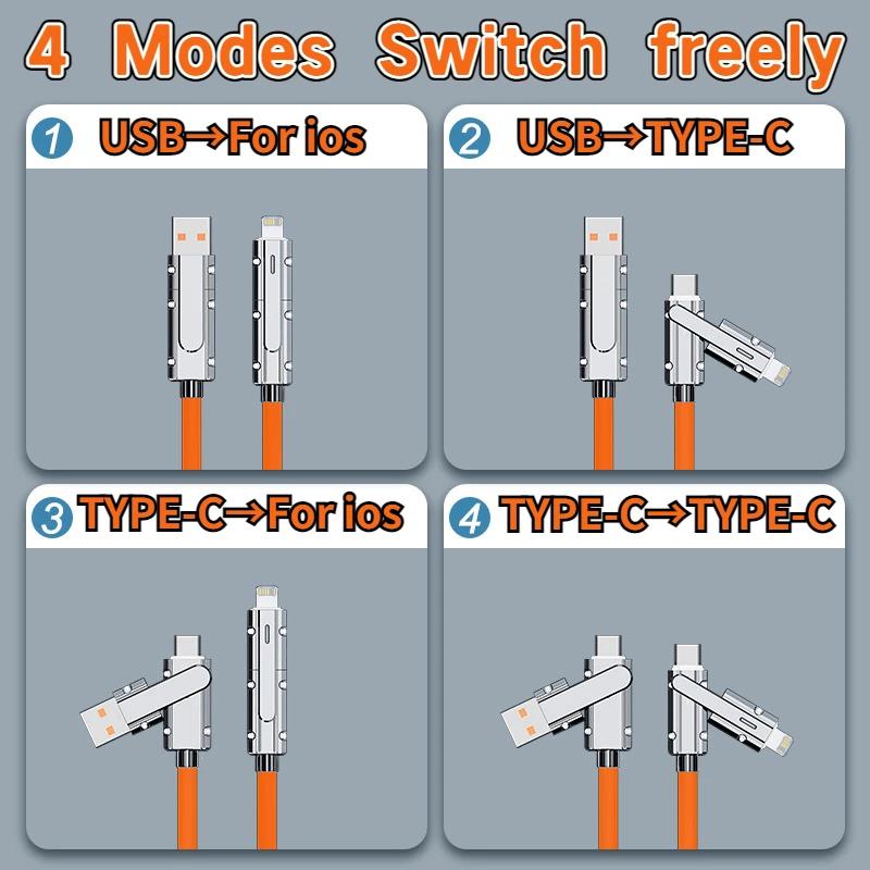 4 in 1 120W Fast Charging USB & Type C To USB C / Lighting Cable for iPhone 16 15 14 13 Pro Max For Samsung Huawei Xiaomi PD Mobile Phone Cable