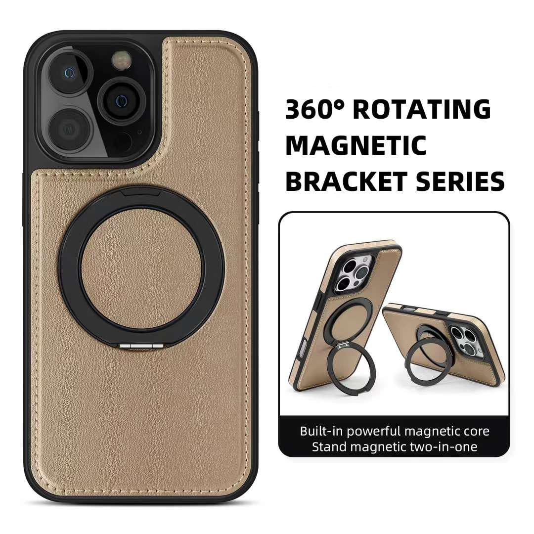 For iPhone 16 15 14 13 Pro Max Phone Case, Luxury Full Leather Case For Magsafe Support Wireless Charging Rotate Metal Magnetic Kickstand Back Hard Full Cover