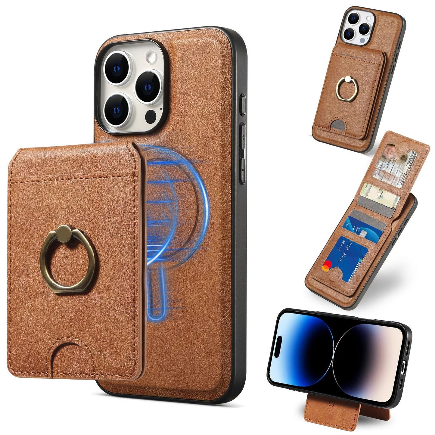 For iPhone 16ProMax 16 15 14 13 12 Leather Phone Case with Strong Magnetic Wallet Ring Stand, Anti-Fall Card Bag Kickstand for Magsafe Shockproof Business Hard Full Cover
