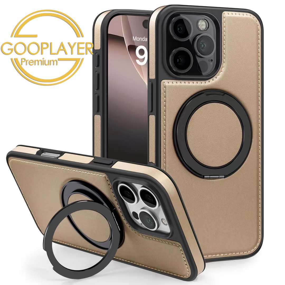 For iPhone 16 15 14 13 Pro Max Phone Case, Luxury Full Leather Case For Magsafe Support Wireless Charging Rotate Metal Magnetic Kickstand Back Hard Full Cover