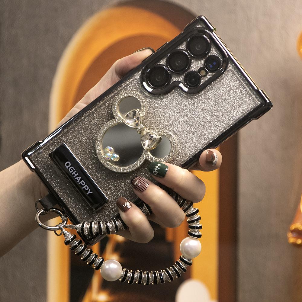 Gradient Plating Four Corners House Head Mirror Thin Kickstand Case with Pearl Diamond Wristband for Samsung S25Ultra S25 S24 S23 S22 S21 Note20 A53 A54 A55 Hard Acrylic Bumper Full Cover