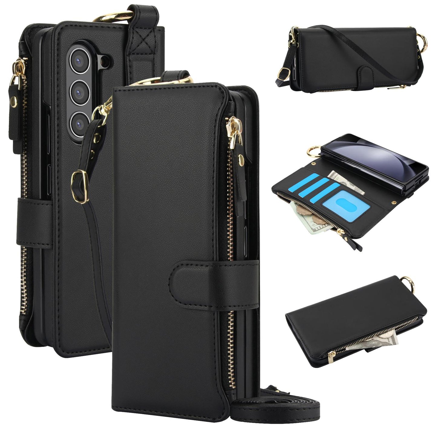 Crossbody Cards Solt Zipper Wallet Leather Case For Samsung Galaxy Z Fold 5 4 3 6 5G Wristband Ring Holder Kickstand Cash Pocket