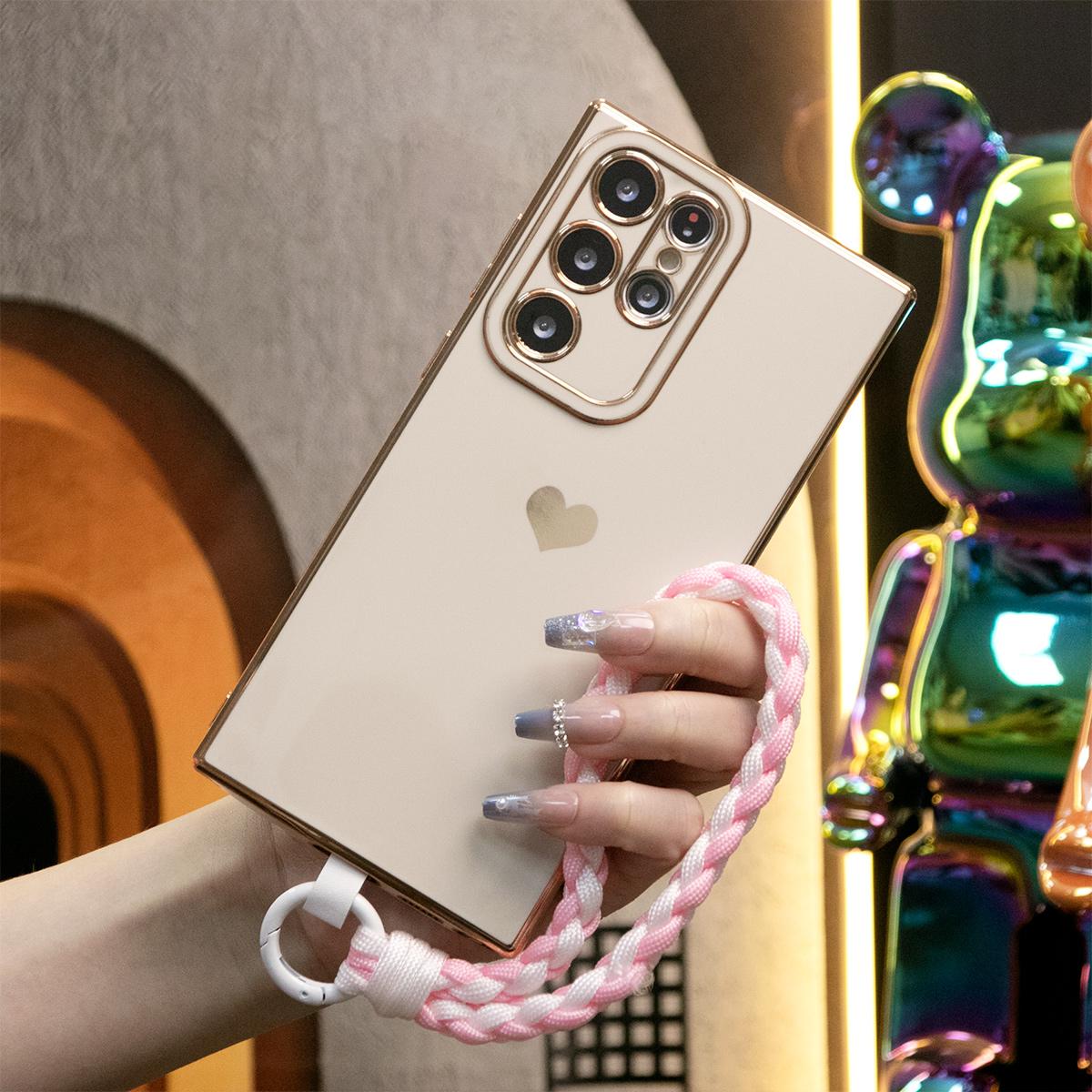Luxury Love Heart Side Pattern Phone Case With Woven Wristband For Samsung S24 S23 S22 S21 FE Plus Ultra A13 A14 A15 A23 A24 A34 A35 A52