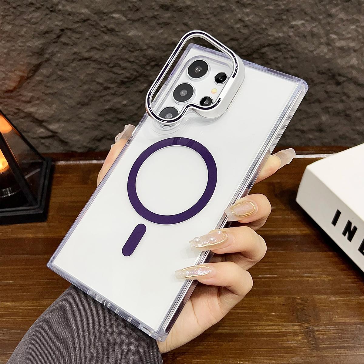 Dual Color Lens Stand Magnetic For Magsafe Wireless Charging Case For Samsung S24 Plus Ultra Clear TPU Acrylic Hard Cover