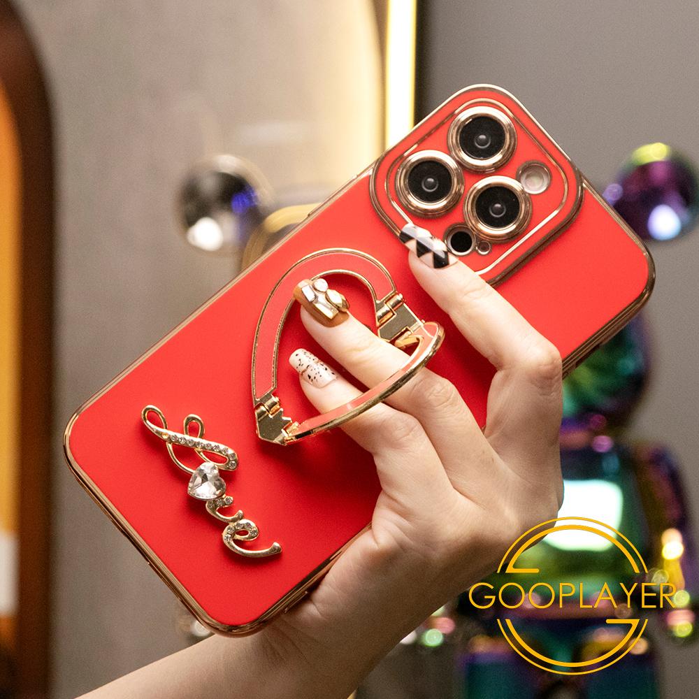 For iPhone 16 15 14 13 12 11 Pro Max, Luxury Love Heart Kickstand Holder Plating Soft Camera Protector Phone Case