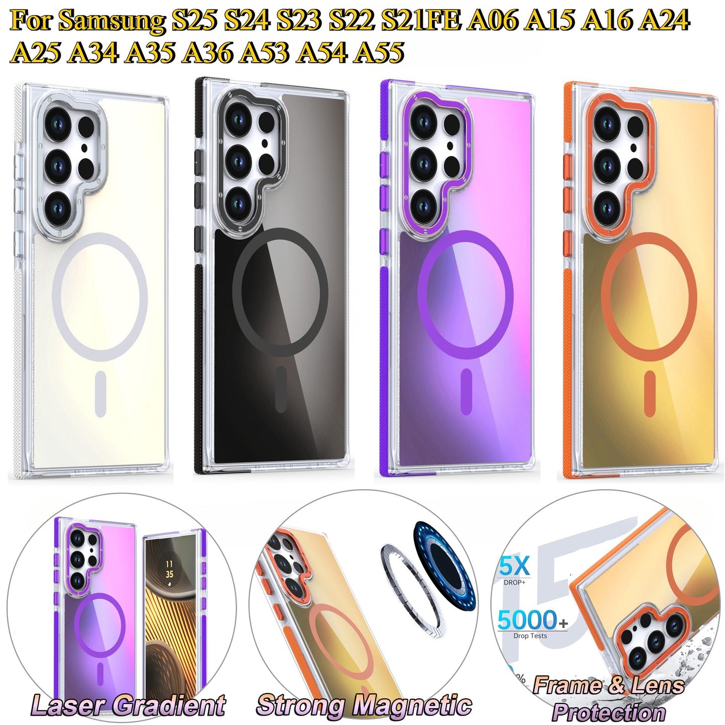 Laser Gradient Chameleon Strong Magnetic Wireless Charging Phone Case For Samsung S25Ultra S25 S24 S23 S22 S21FE A06 A15 A16 A25 A35 A36 A53 A54 A55 Metal Frame Acrylic Shockproof Hard Cover