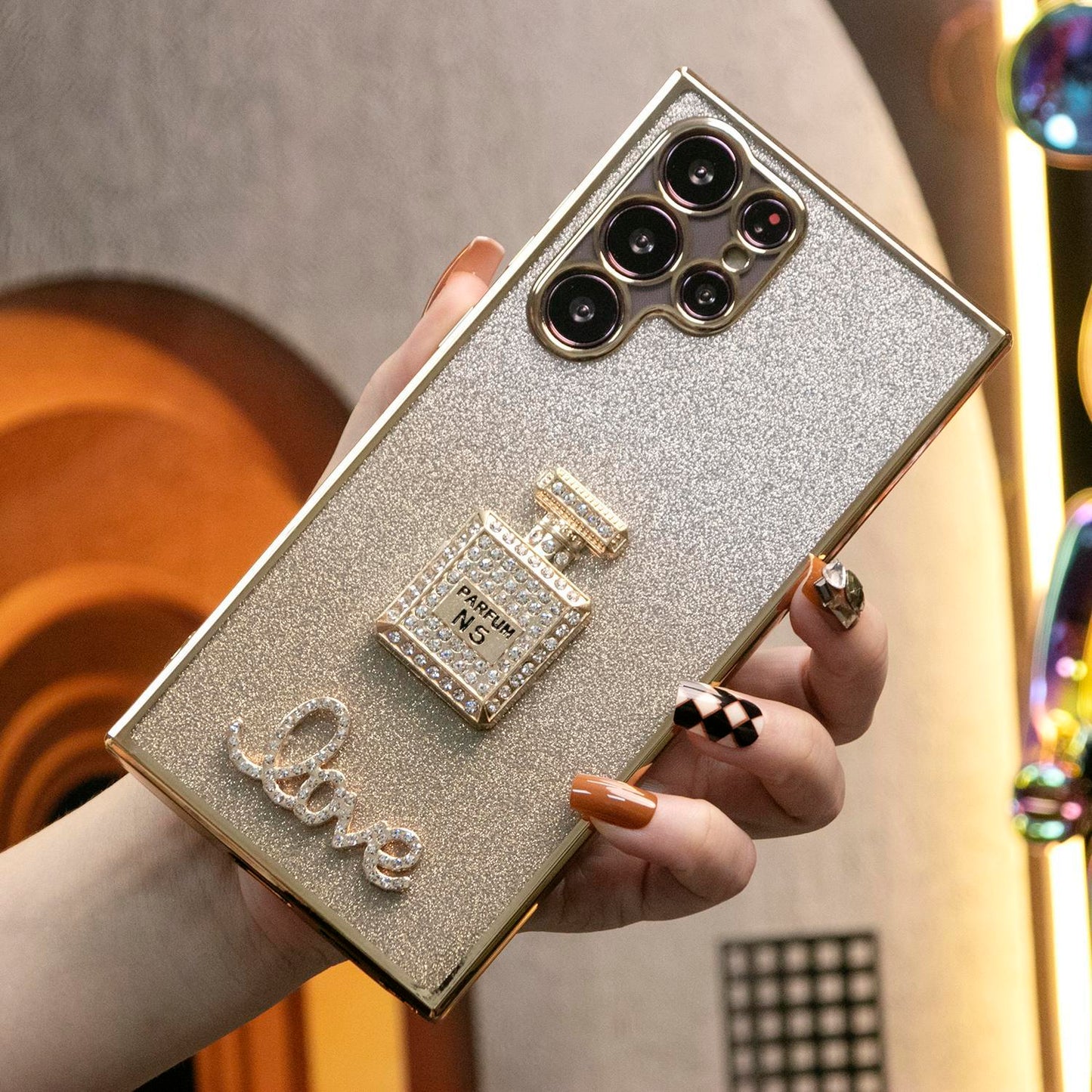 Luxury Diamond Mirror Perfume Bottle Stand Glitter Clear Gradient TPU Plating Shockproof Soft Phone Case For Samsung S24Ultra S24FE S24 S23 S22 S21 FE Plus Ultra
