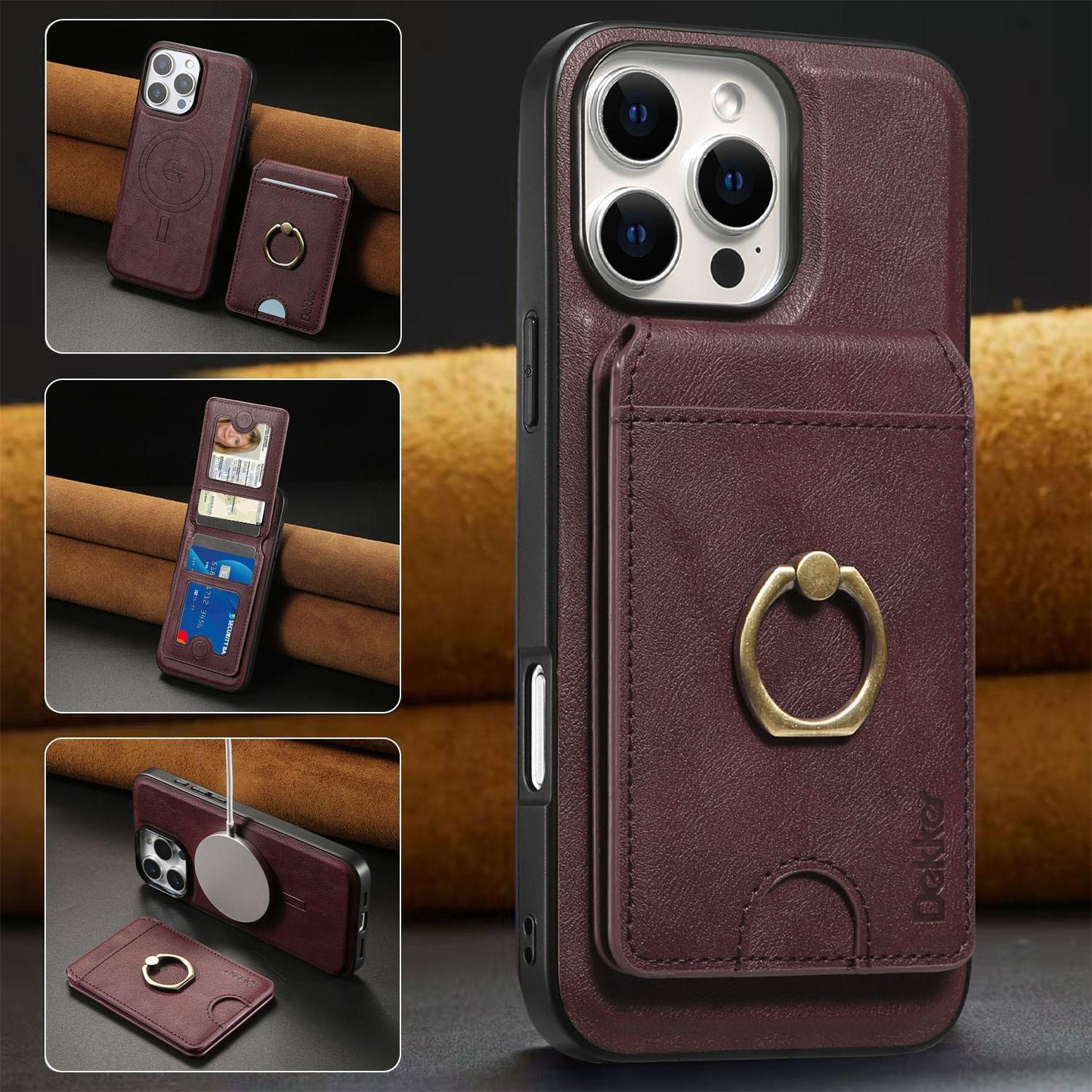 For iPhone 16ProMax 16 15 14 13 12 Leather Phone Case with Strong Magnetic Wallet Ring Stand, Anti-Fall Card Bag Kickstand for Magsafe Shockproof Business Hard Full Cover