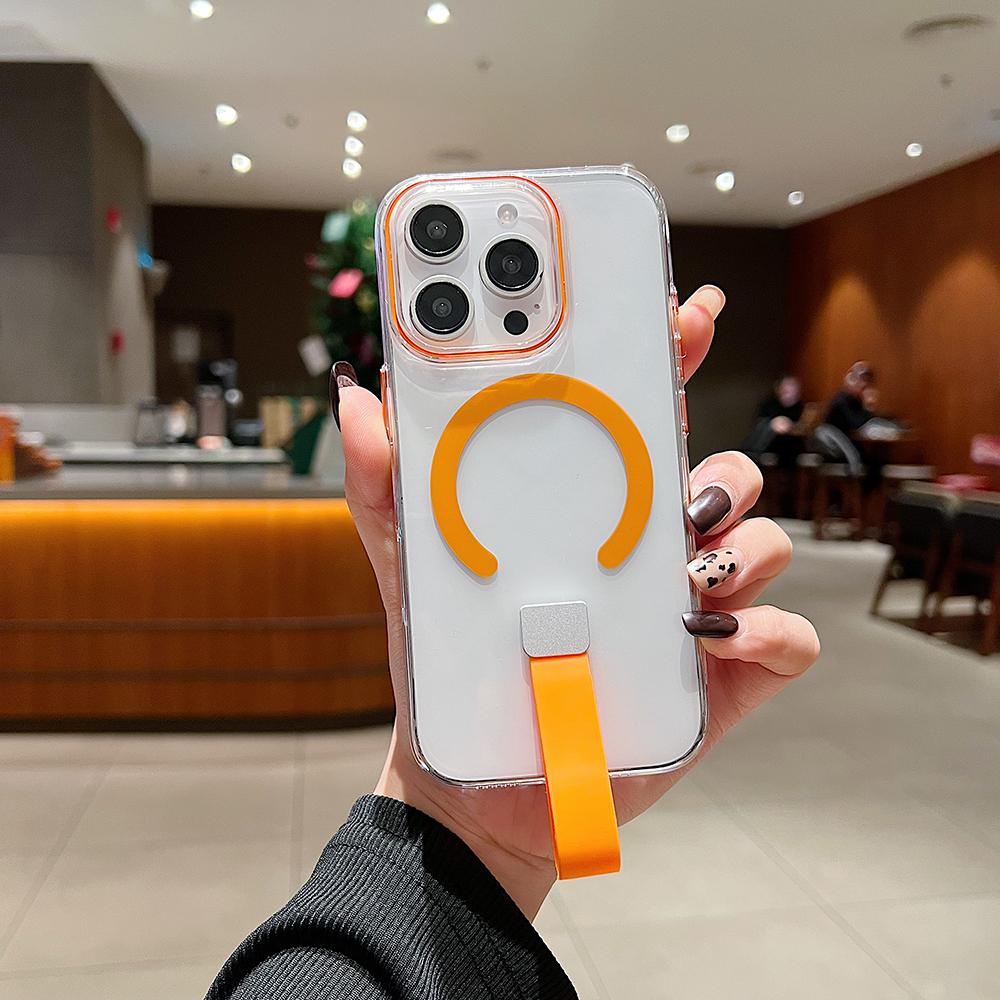 Colorful Crystal High Definition Clear C Pattern Magnetic Phone Case with Silicone Wristband For iPhone 16ProMax 16 15 14 13 Pro Max Plus Transparent HD Len Protection Hard Full Cover