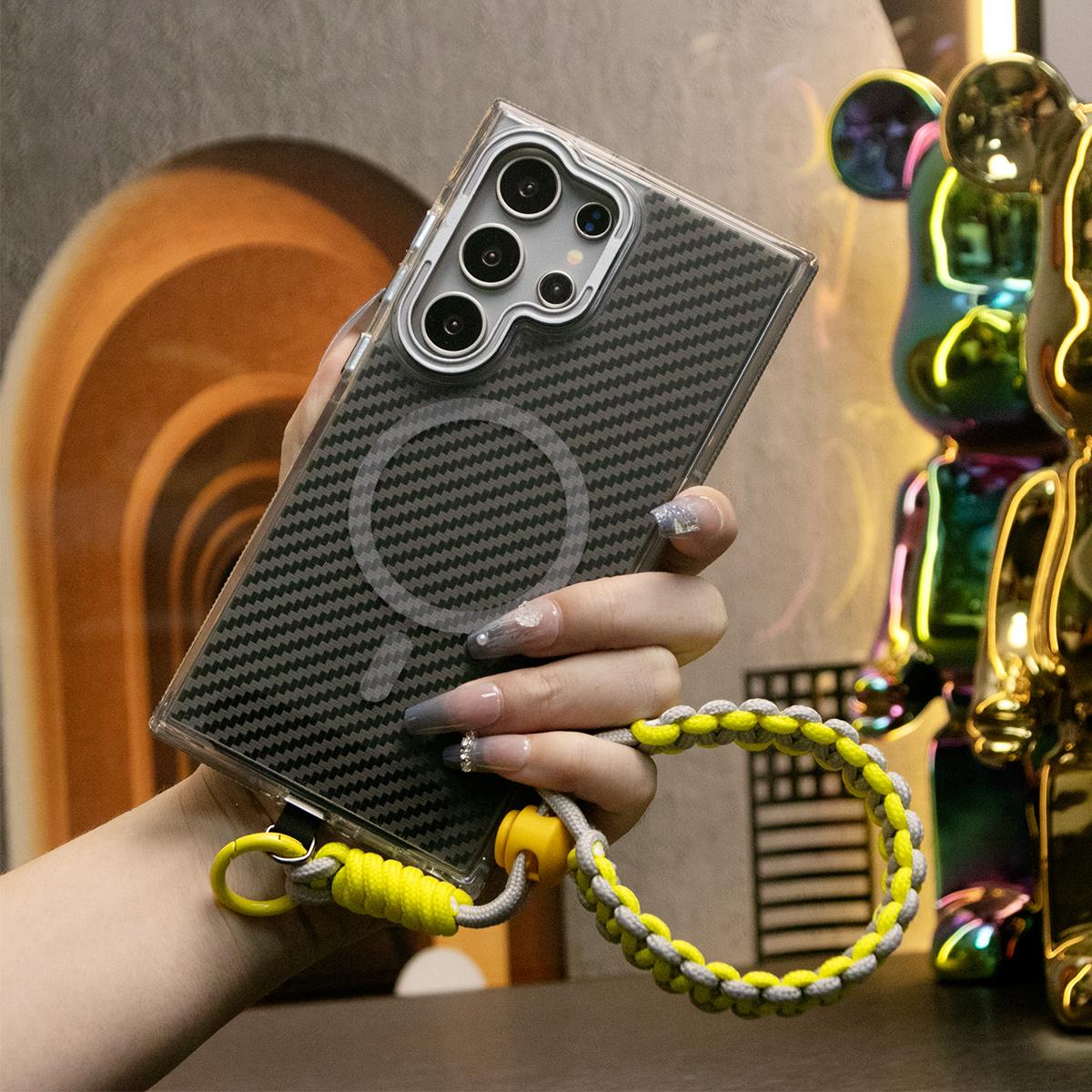 Magnetic Carbon Fiber Pattern Phone Case, Metal Hardware Camera Stand Acrylic Cover, With Adjustable Woven Strap, Anti-Fall Bumper For Samsung S24 S23 S21 Ultra FE A14 A15 A24 A25 A35 A54 A55 A05