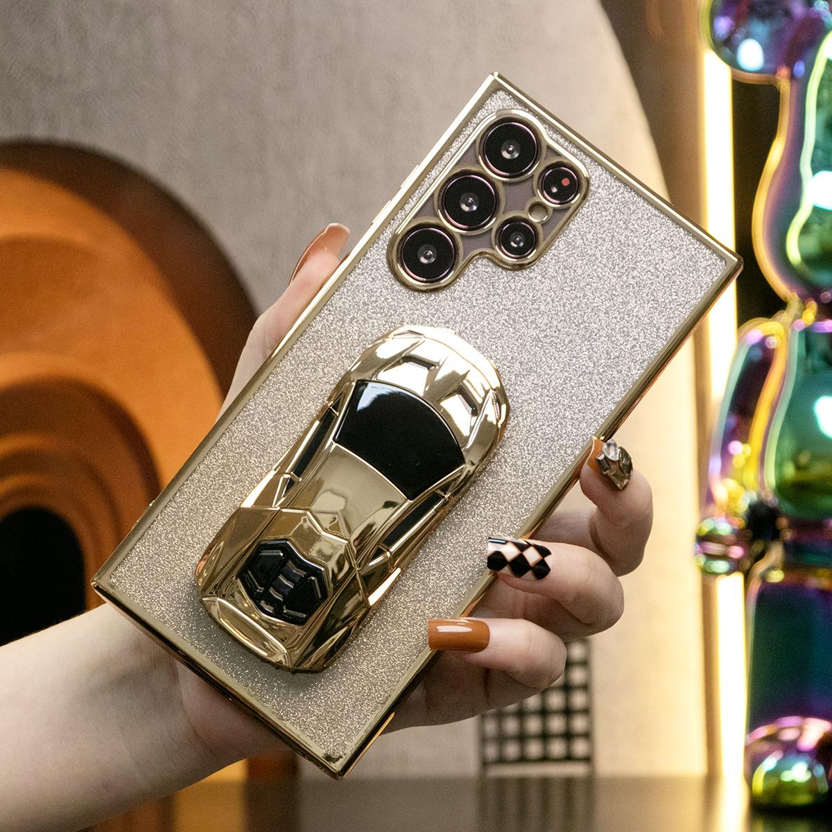 Luxury Cool Sports Car Holder Glitter Clear Gradient TPU Plating Shockproof Soft Phone Case For Samsung S24Ultra S24FE S24 S23 S22 S21 FE Plus Ultra