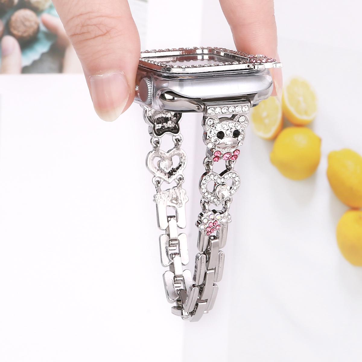 Diamond Bear Chain and Watch Case for Apple Watch 44mm Band 45 42 38 41 Ultra 49mm Link Bracelet for IWatch Series 9 8 7 6 SE 5 4