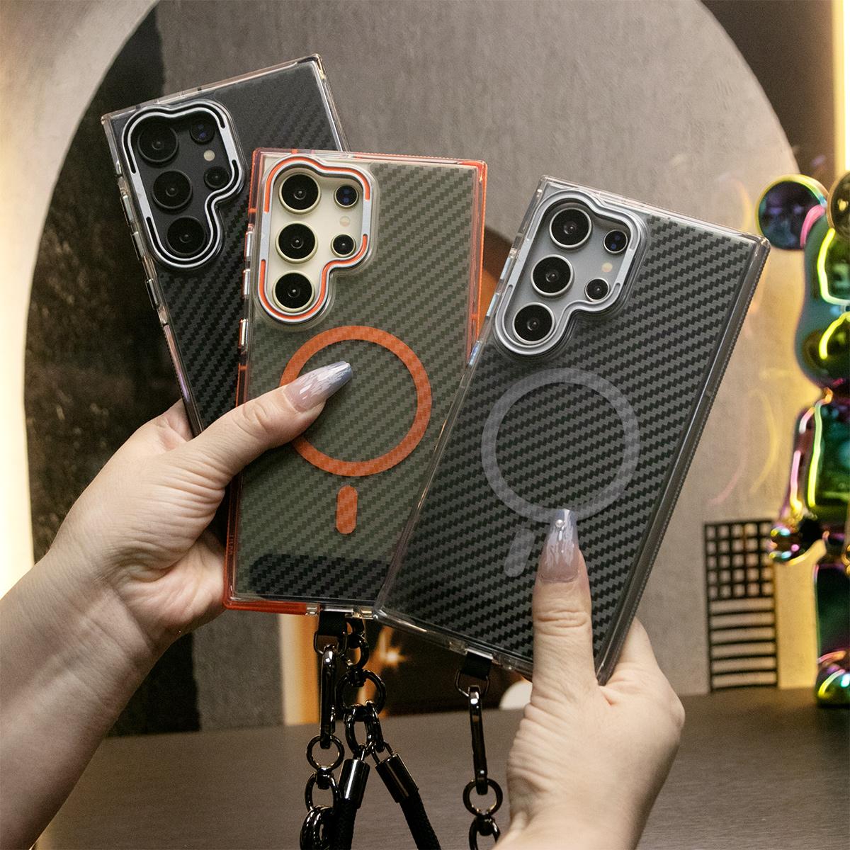 Magnetic Carbon Fiber Pattern Phone Case, Metal Hardware Camera Lens Stand Acrylic Cover, With Multifunctional Climbing Rope, Anti-Fall Bumper For Samsung S24 S23 S21 Ultra FE A14 A15 A24 A25 A35 A54 A55 A05