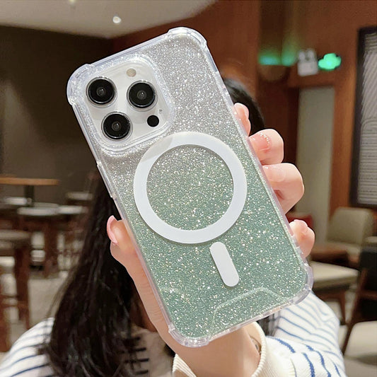 For iPhone 16ProMax 16 15 14 13 12 11 Plus Pro Max Phone Case, Four Corner Glitter Gradient Transparent Magnetic Acrylic Slim, Clear Camera Protection Shockproof Hard Full Cover