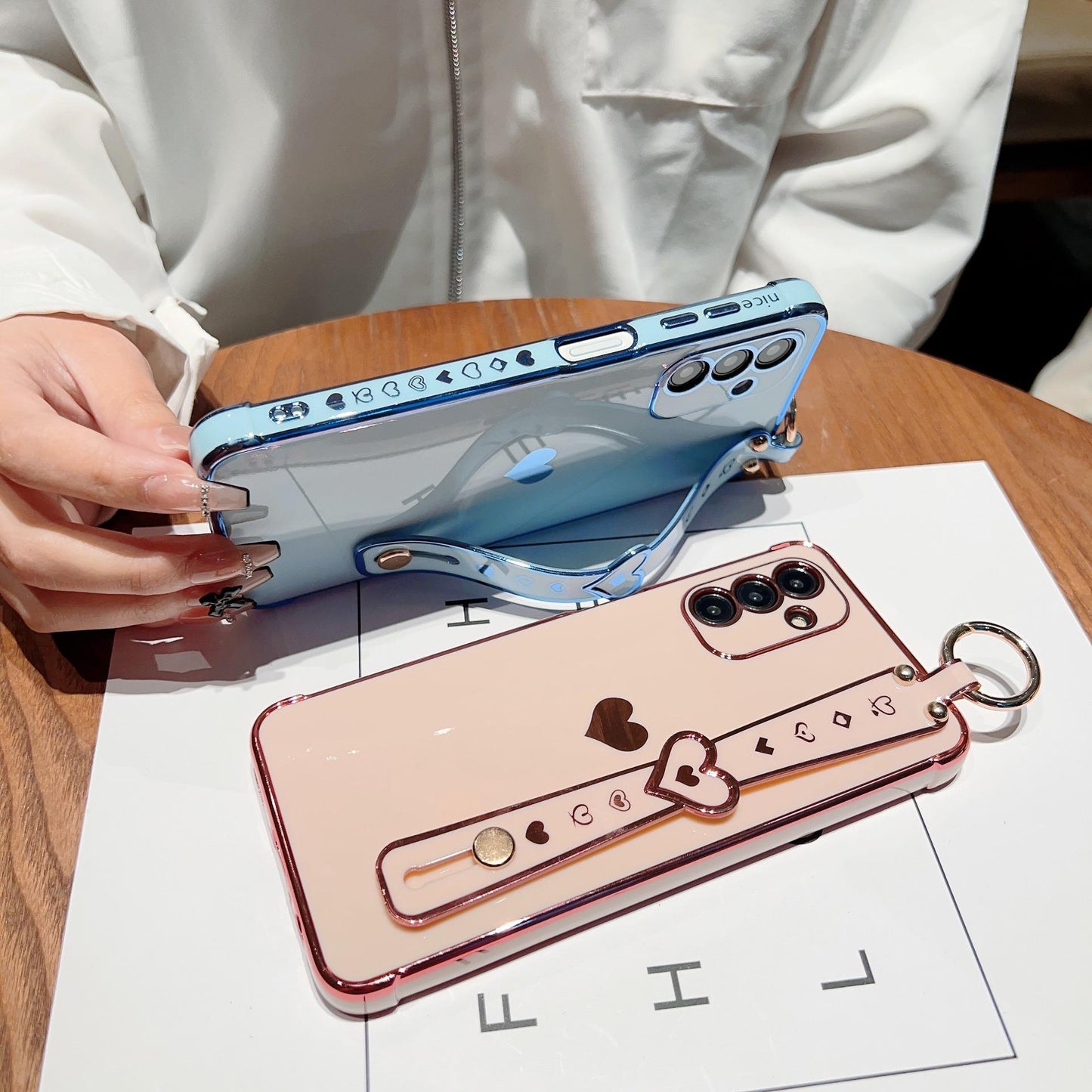 Plating Love Heart TPU Phone Case with Wristband For Samsung S25Ultra S24 S23 S22 S21 Shockproof Soft Full Cover