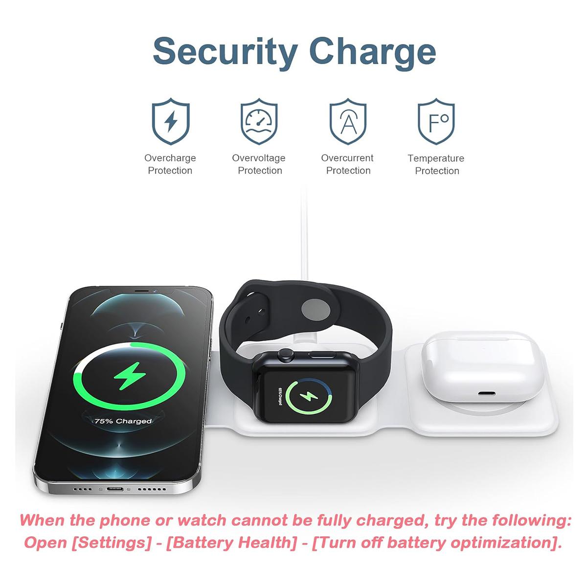 3 in 1 Foldable Wireless Charger, Magnetic Fast Wireless Charging, Compatible with iPhone 16 15 14 13 12 Series,  For Apple Watch, For AirPods Pro (Adapter not Included)