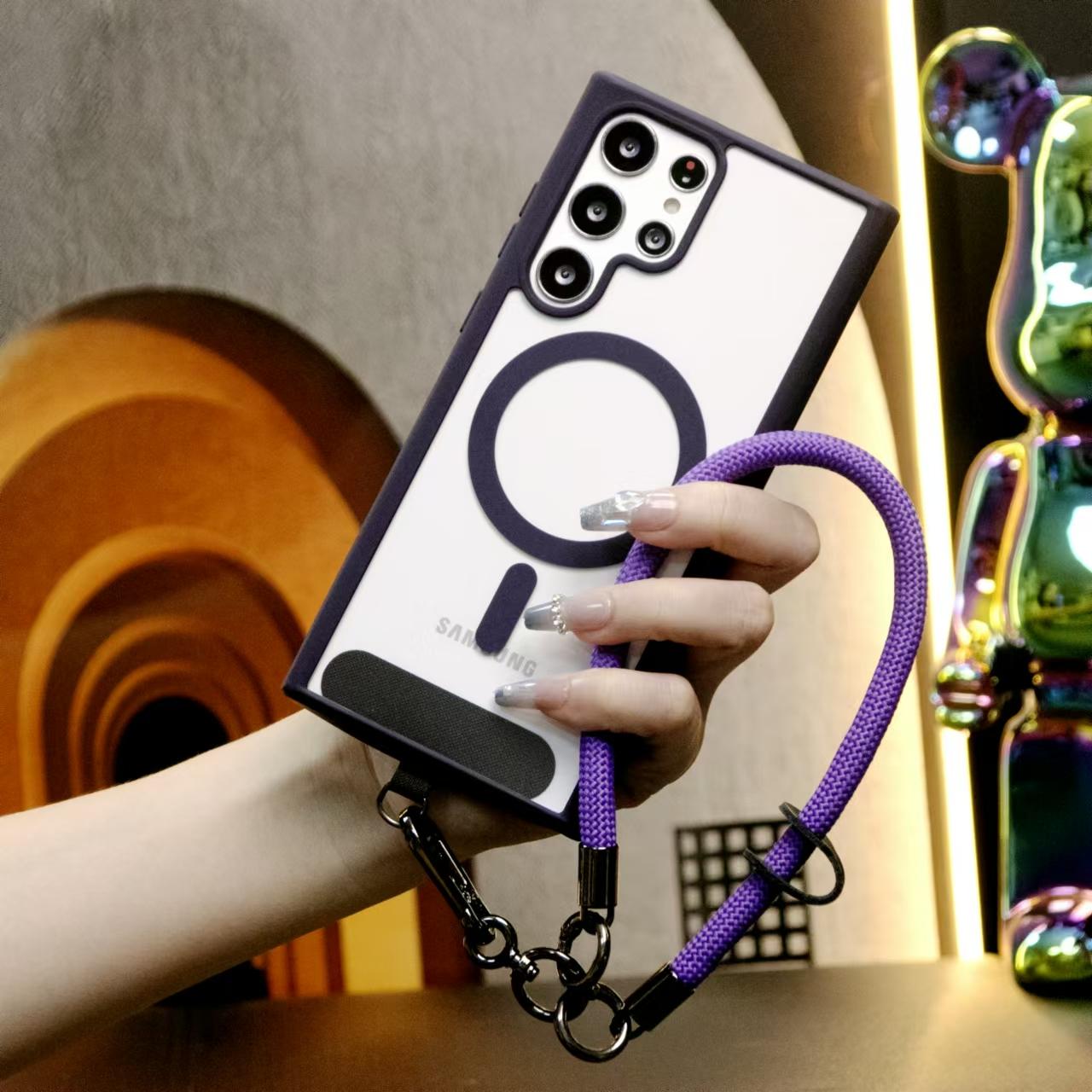 Transparent Magnetic Shockproof Hard Phone Case With Multifunctional Climbing Rope For Samsung S24FE S24Ultra S24 S23FE S23 S22 Plus Ultra Candy Color Edges Clear Acrylic Cover