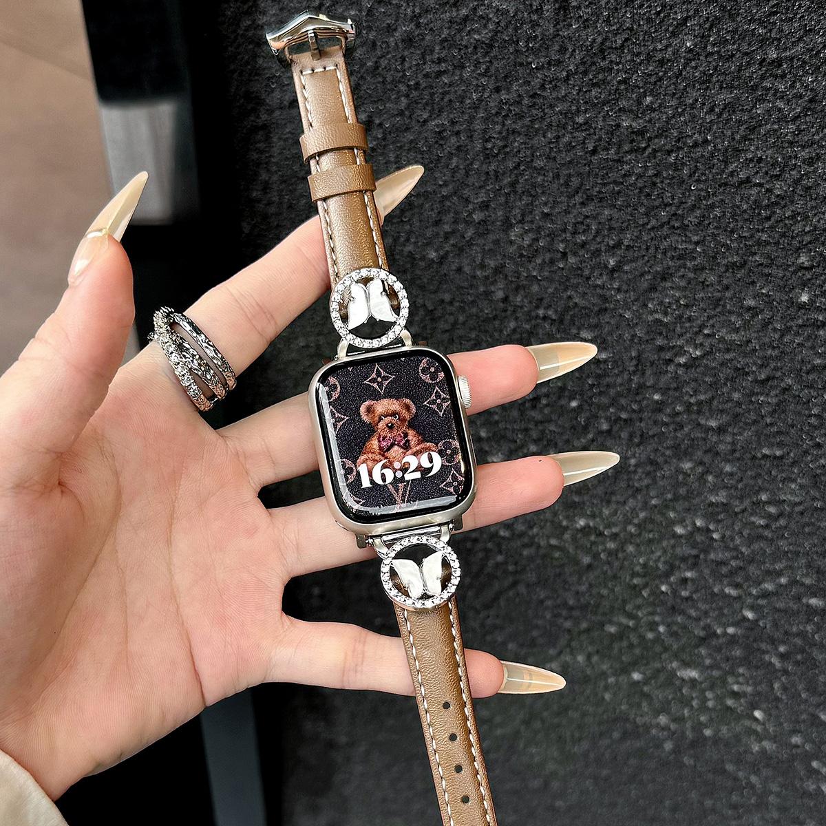 Bling Butterfly Stitching Leather Metal Strap for Apple Watch 44mm Band 45 42 38 41 Ultra 49mm Link Bracelet for IWatch Series 9 8 7 6 SE 5 4