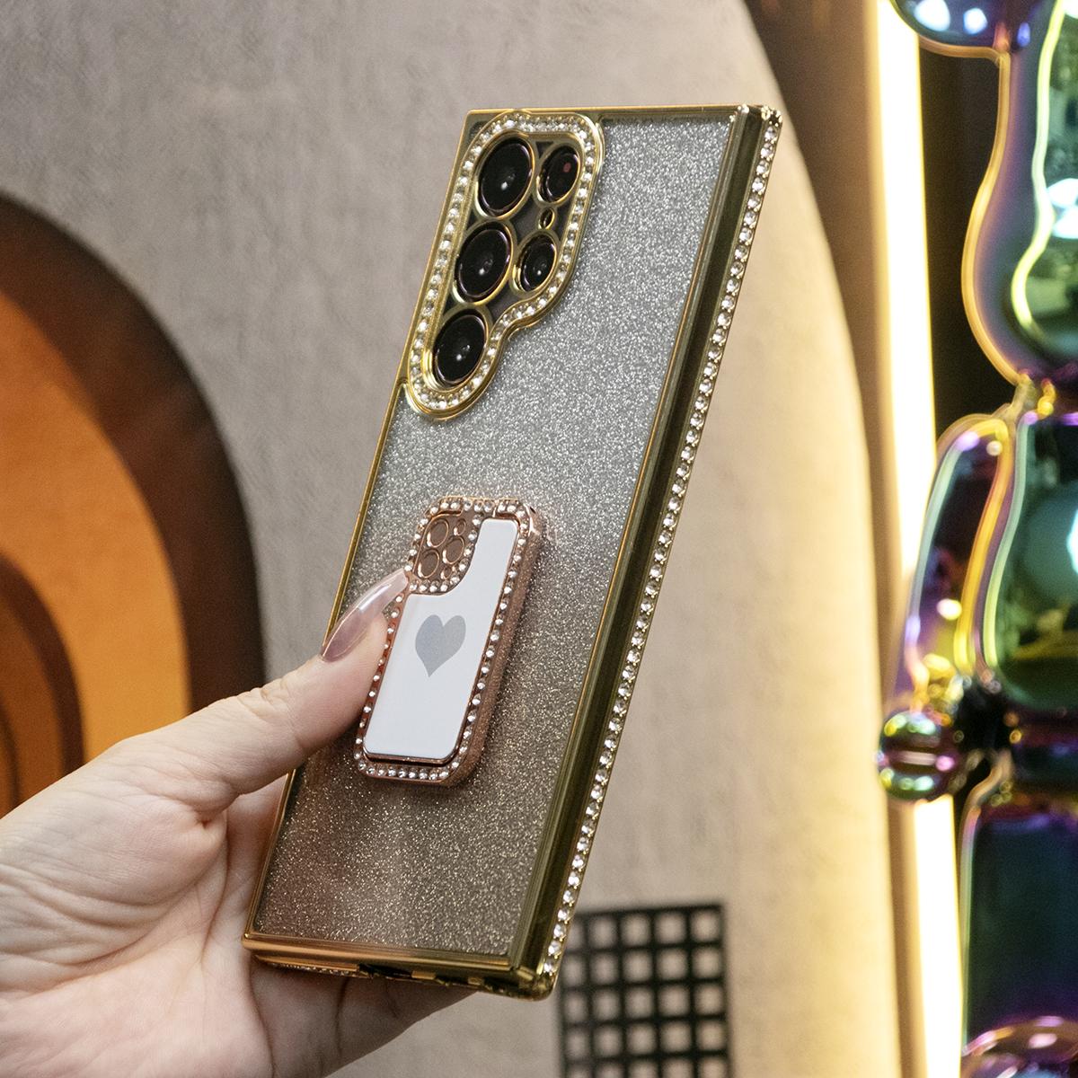 For Samsung S24 S23 S22 Plus Ultra Case, Clear Rhinestone Mini Phone Ring Holder Gradient, Glitter Luxury Elegant Plating Case Camera Protection Shockproof Soft Cover