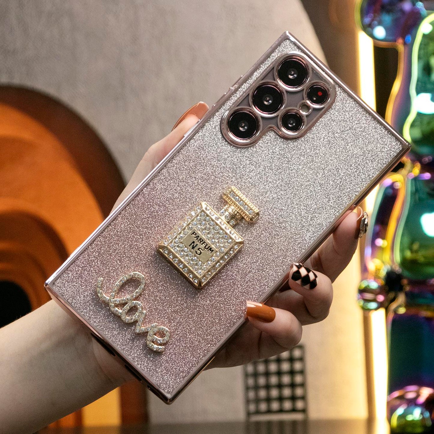 Luxury Diamond Mirror Perfume Bottle Stand Glitter Clear Gradient TPU Plating Shockproof Soft Phone Case For Samsung S24Ultra S24FE S24 S23 S22 S21 FE Plus Ultra