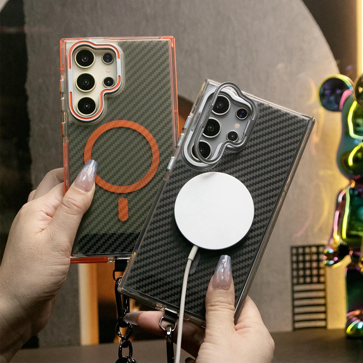 Magnetic Carbon Fiber Pattern Phone Case, Metal Hardware Camera Lens Stand Acrylic Cover, With Multifunctional Climbing Rope, Anti-Fall Bumper For Samsung S24 S23 S21 Ultra FE A14 A15 A24 A25 A35 A54 A55 A05