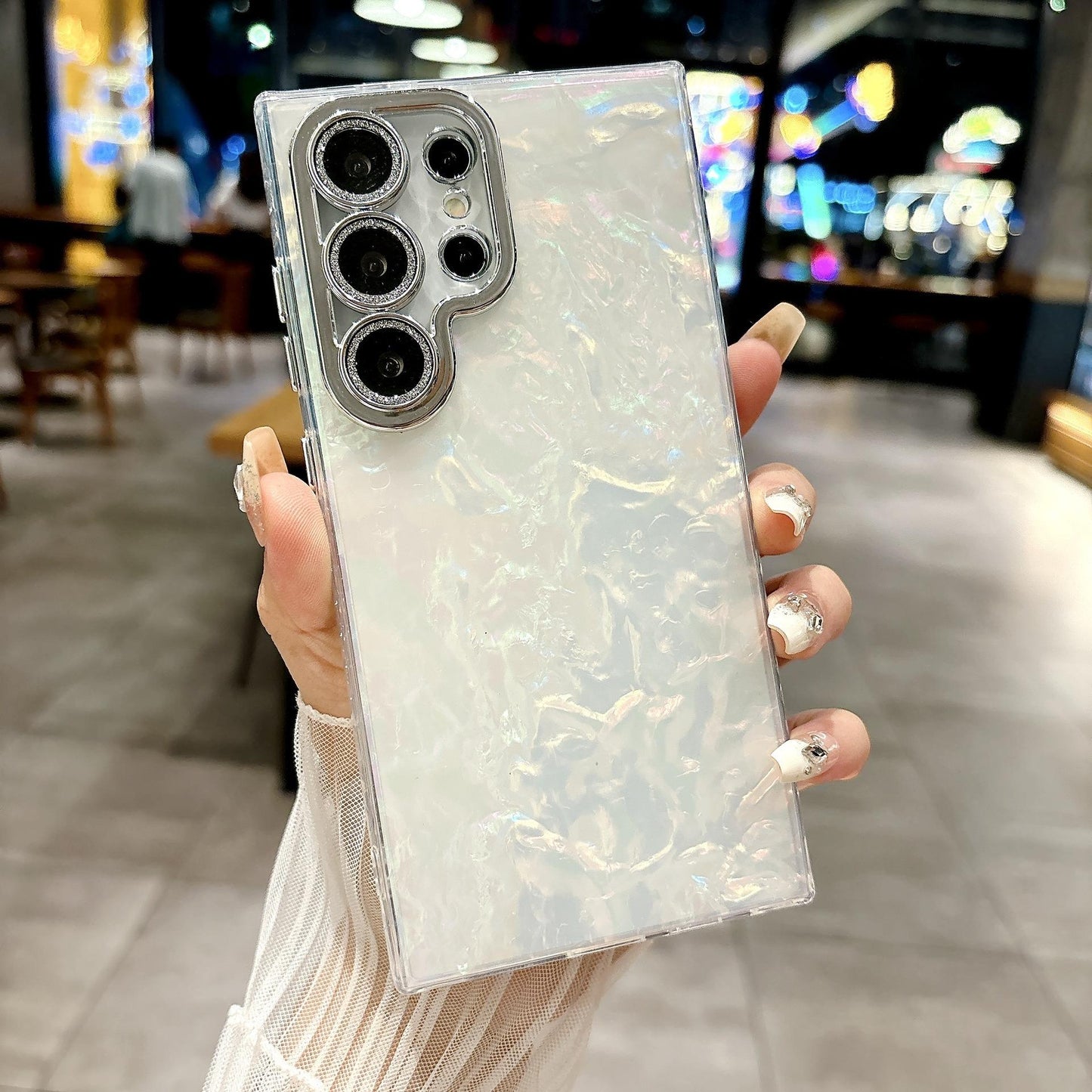 For Samsung S25Ultra S25 S24 S23 S22 Phone Case, Luxury Electroplating Laser Feathers Silk Pattern Acrylic Slim With Glitter Len Protector, Full Camera Protection Non-Yellowing Hard Cover