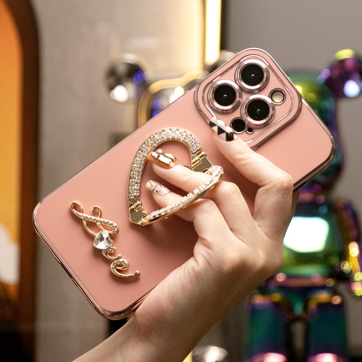 For iPhone 16ProMax 16 15 14 13 12 11 Pro Max, Luxury Rhinestone Love Heart Kickstand Holder Plating Soft Camera Protector Phone Case