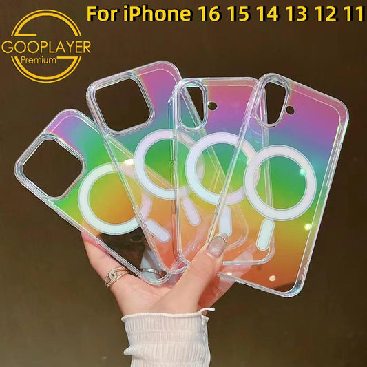 For iPhone 16 15 14 13 12 11 Pro Max Phone Case, Clear Laser Colorful Magnetic, Glitter Luxury Acrylic Elegant Case Camera Protection Shockproof for Magsafe Hard Full Cover