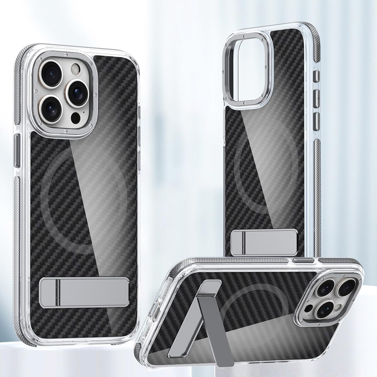 For iPhone 16 15 14 Pro Max Phone Case, Premium Strong Magnetic Carbon Fiber Metal Bracket Acrylic Clear Shockproof Anti-Fall Bumper for Magsafe Non-Yellowing Hard Full