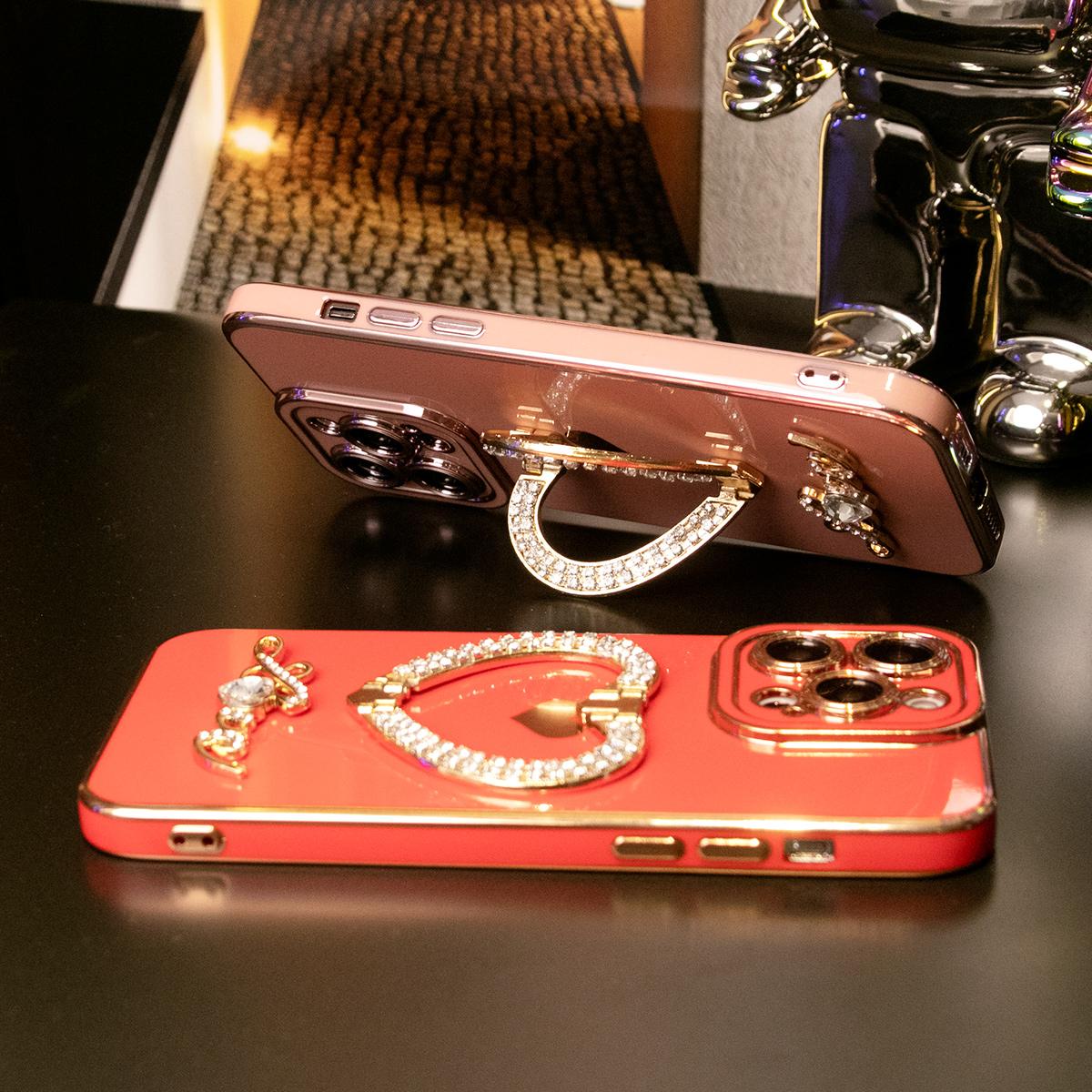 For iPhone 16ProMax 16 15 14 13 12 11 Pro Max, Luxury Rhinestone Love Heart Kickstand Holder Plating Soft Camera Protector Phone Case