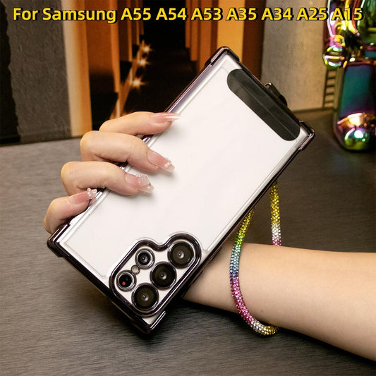 Electroplated Four Corners Anti-fall Transparent Hard PC Phone Case With Rhinestone Wristband For Samsung A55 A54 A53 A35 A34 A25 A15 , Full Cover with Camera Protector