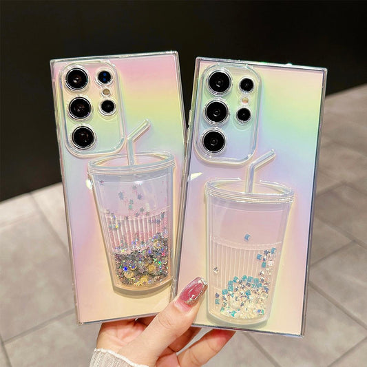 For Samsung S22 S23 S24 Ultra Case, Flowing Liquid Sparkling Bling Glitter Cup Style Fun Sparkle Quicksand Design Transparent Soft TPU Protective Clear Case(Glitter Cup)