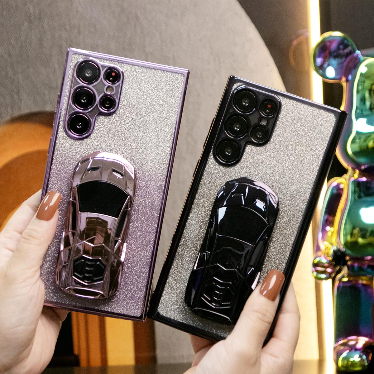 Luxury Cool Sports Car Holder Glitter Clear Gradient TPU Plating Shockproof Soft Phone Case For Samsung S24Ultra S24FE S24 S23 S22 S21 FE Plus Ultra